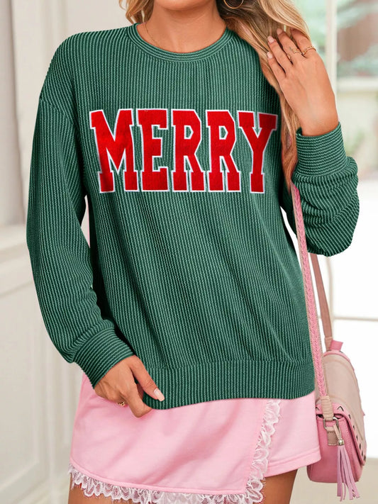 Merry Twisted Rib Christmas Loose Long Sleeve Top