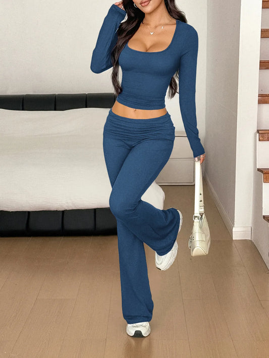 Long Sleeve Crop Top and Bootcut Pants Set