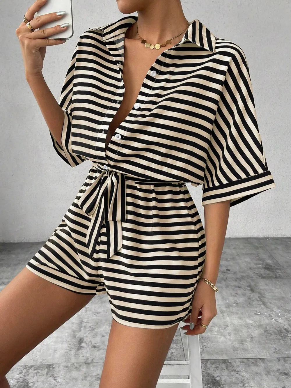 Tie Waist Half Button Striped Romper