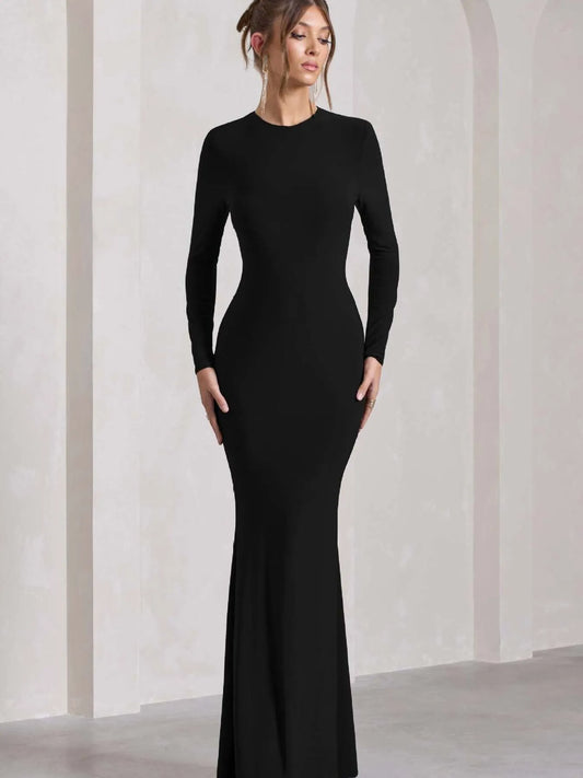 Round Neck Long Sleeve Bodycon Maxi Dress