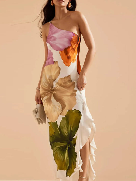 Floral Print Single Shoulder Maxi Dress