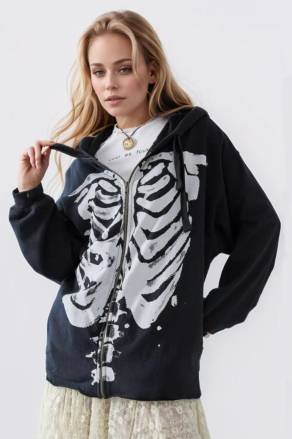 Skeleton Zip Up Drawstring Hoodie