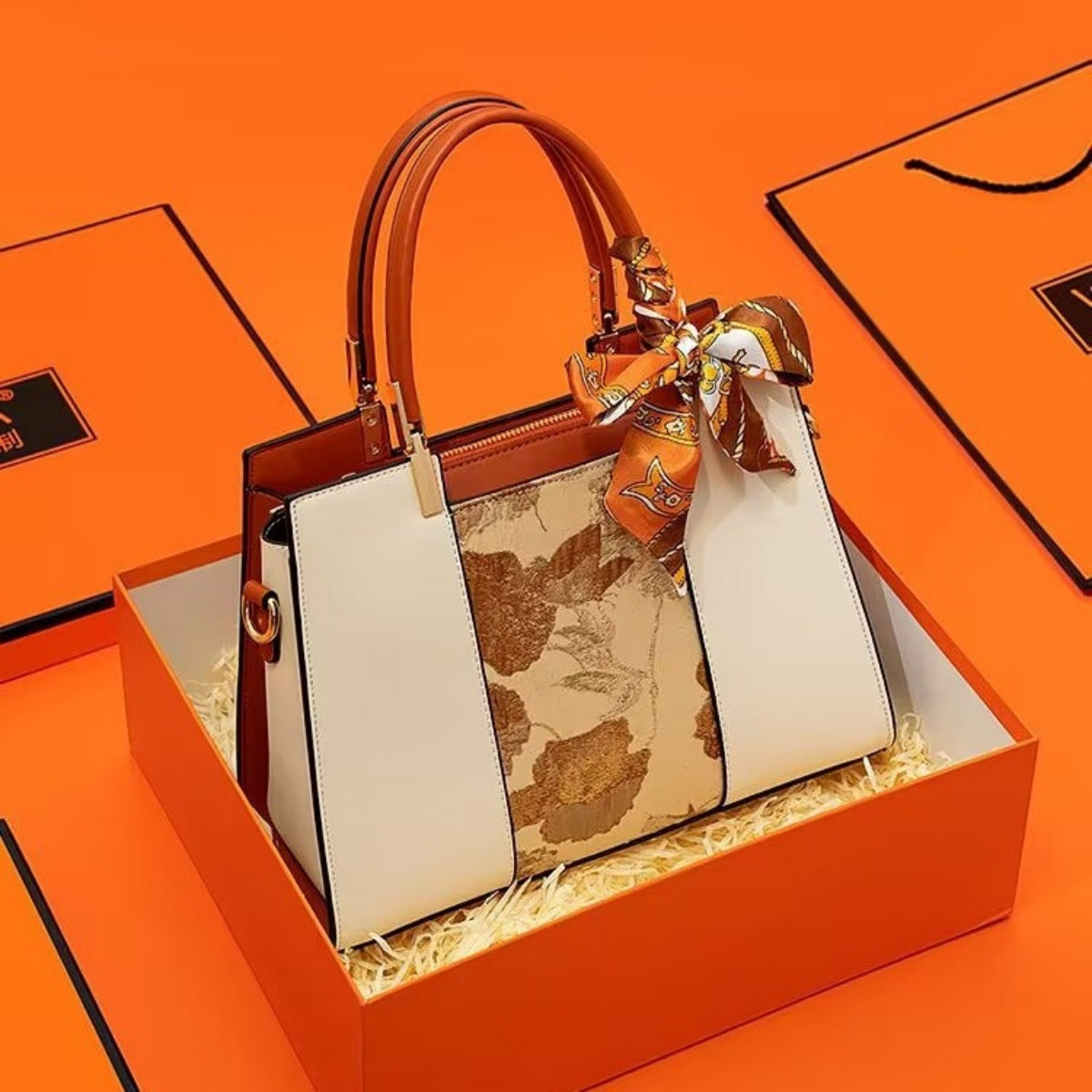 Top Handle Handbag with Scarf Accent