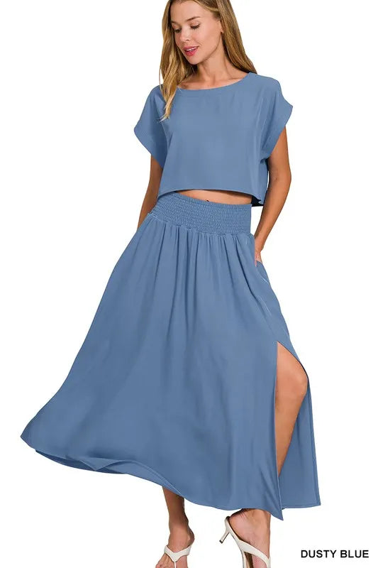 Zenana Woven Crinkle Gauze Crop Tee and Skirt Set