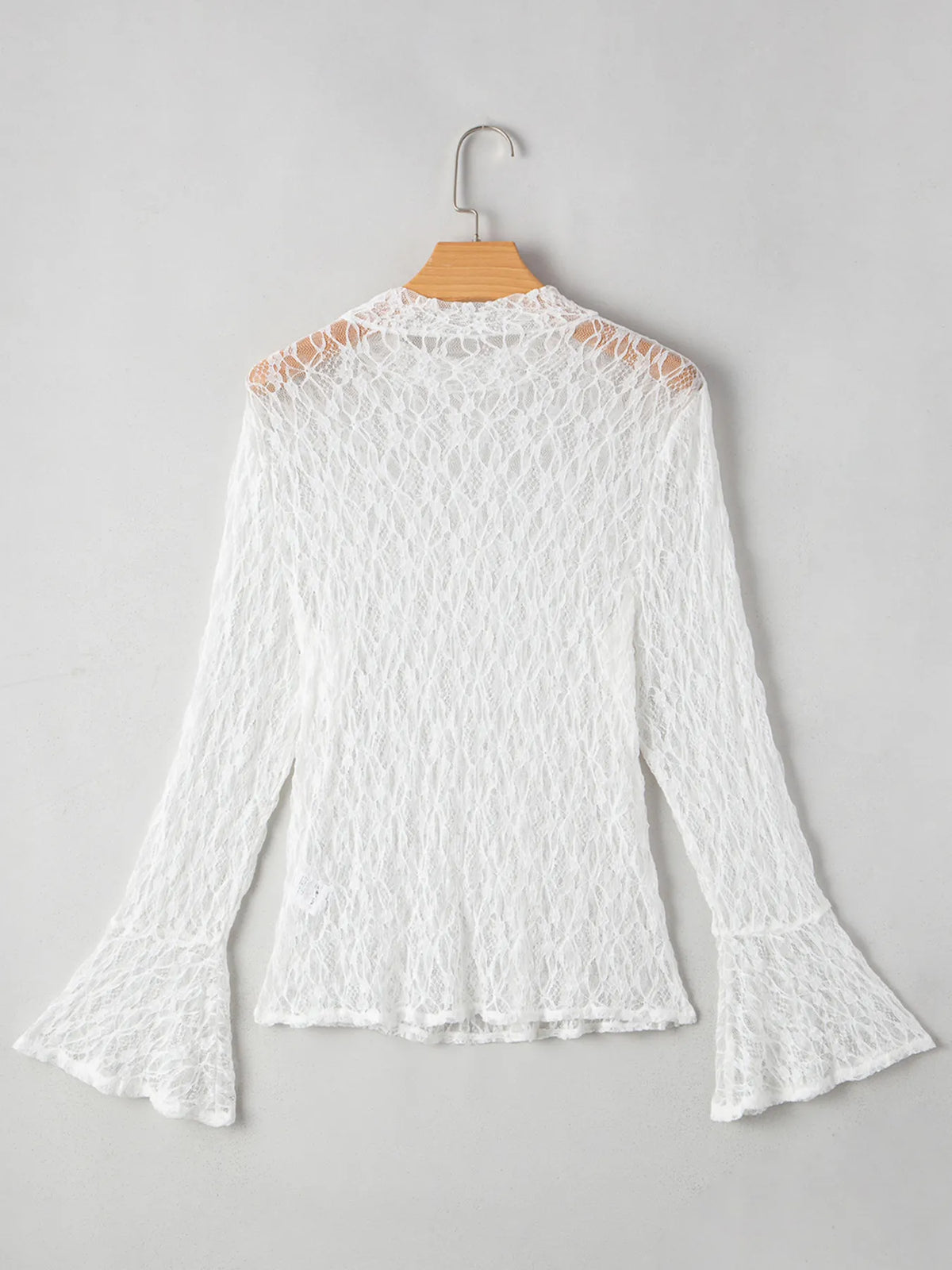 Sheer Lace Bell Sleeve Mock Neck Blouse