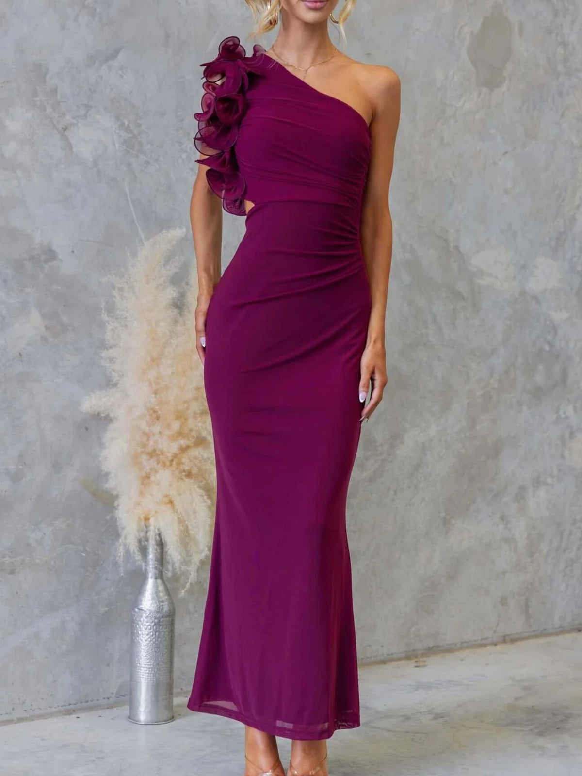 One-Shoulder Floral Trim Sleeveless Maxi Dress