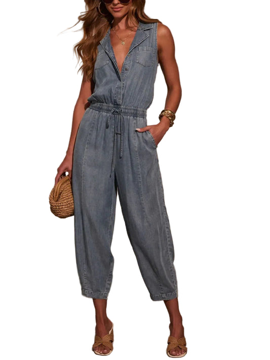 Sleeveless Drawstring Waist Washed Denim Jumpsuit