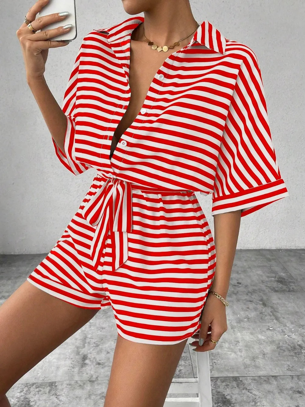 Tie Waist Half Button Striped Romper