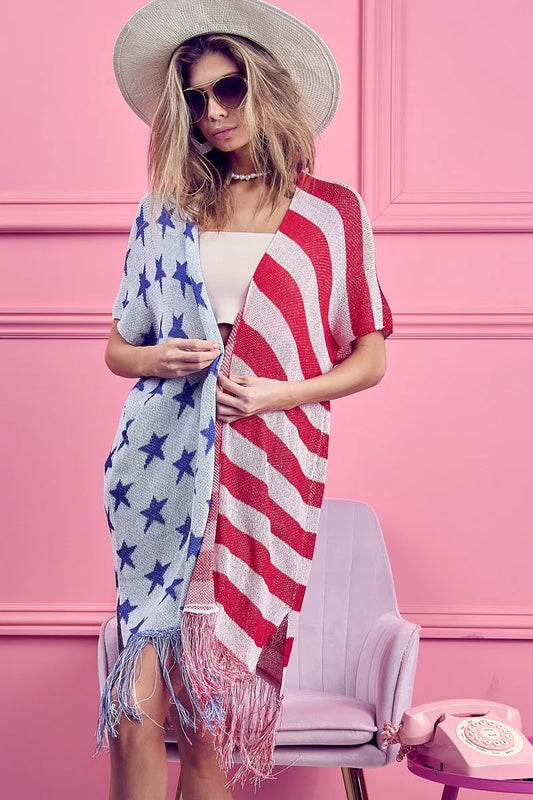 BiBi American Flag Theme Fringed Knit Cardigan