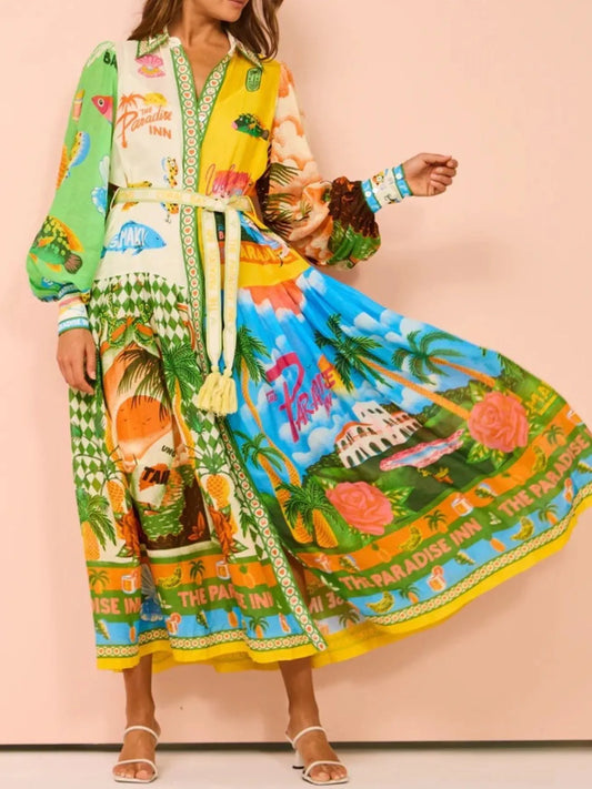 Printed Lantern Sleeve Midi Shirt Dress