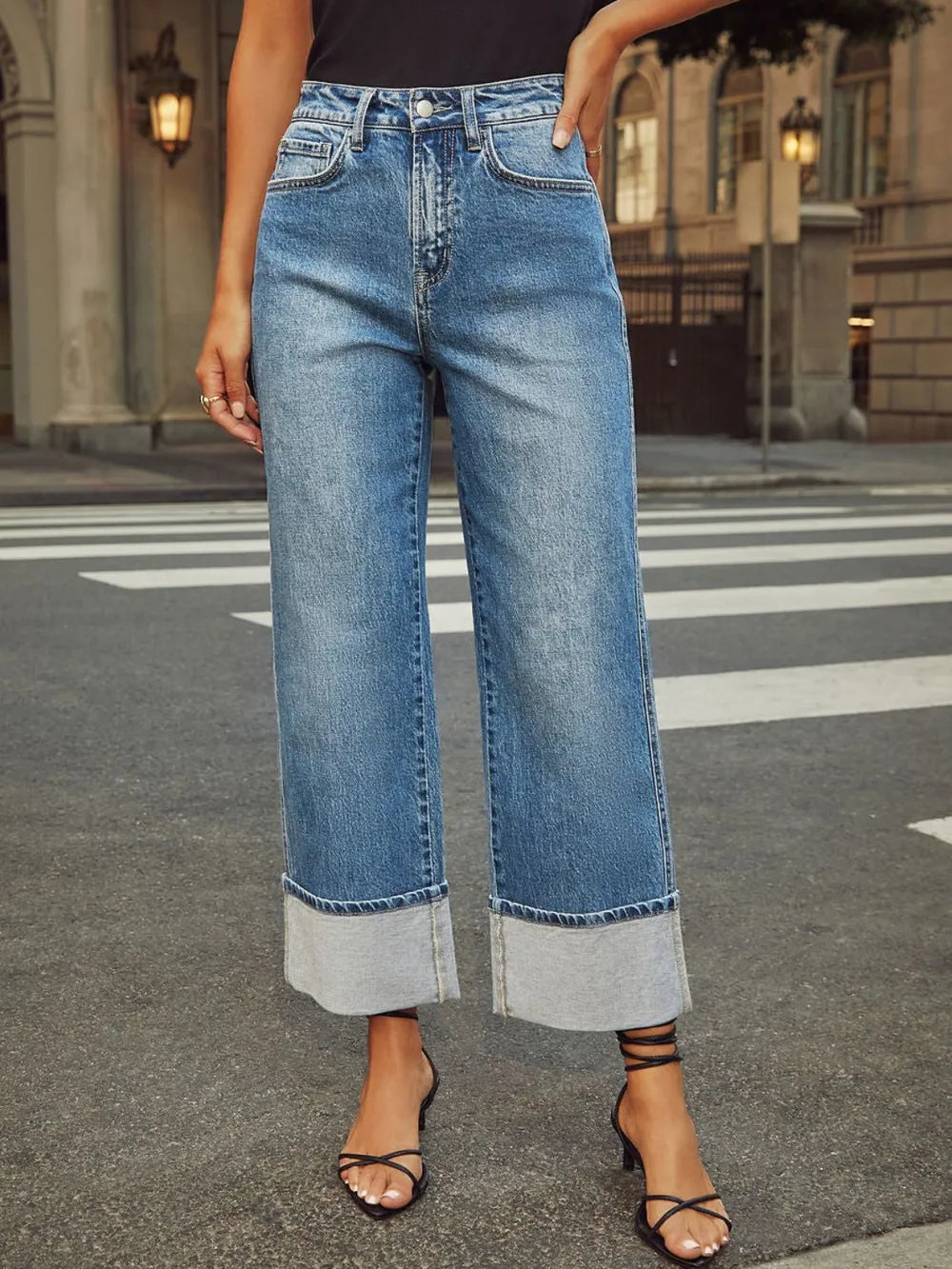 High Waisted Straight Leg Rolled Jeans