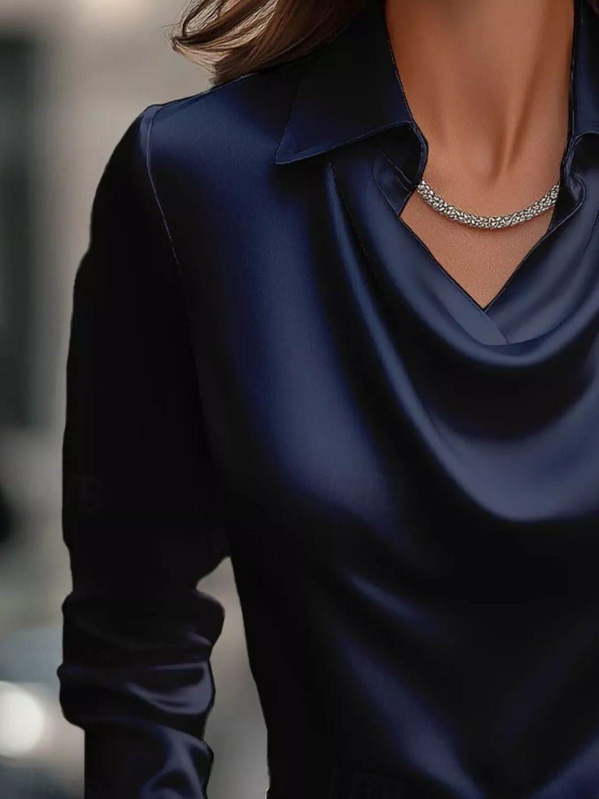 Ruched Long Sleeve Drape Collar Blouse