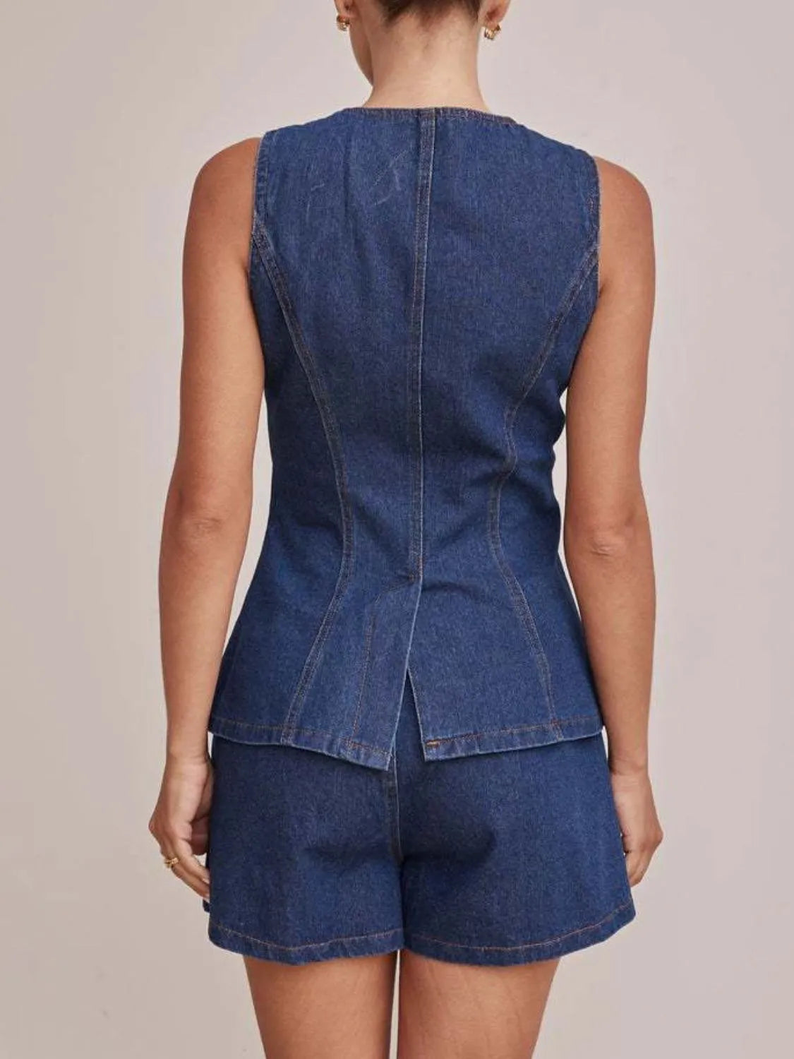 Button Down Vest and Shorts Denim Set