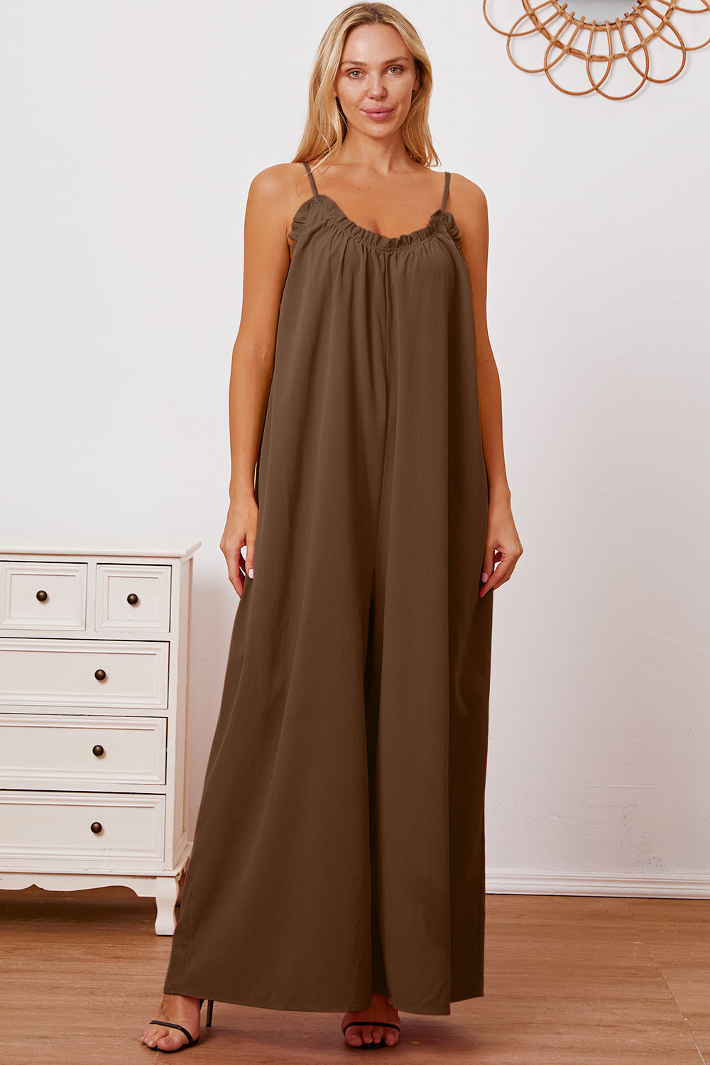 Double Take Ruffle Trim Tie Back Cami Jumpsuit