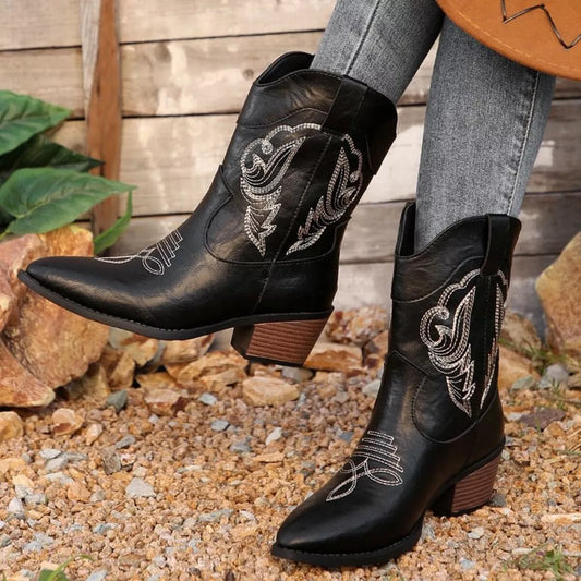 Mid-Heel Western Cowboy Boots with Intricate Embroidery