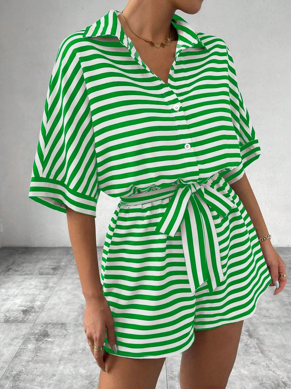Tie Waist Half Button Striped Romper