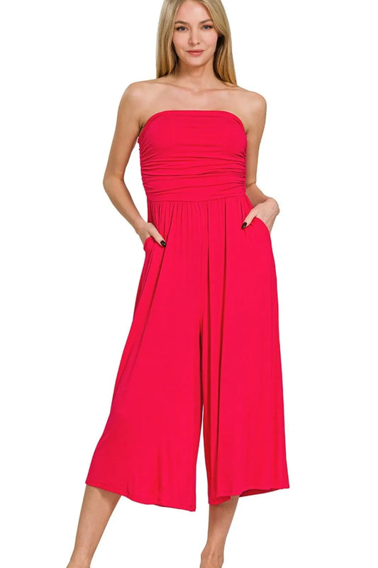 Zenana Ruched Strapless Wide-Leg Pocketed Jumpsuit