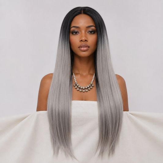 Gilded Strands™ Silver Smoke Ombre Lace Front Wig. It fits the upscale