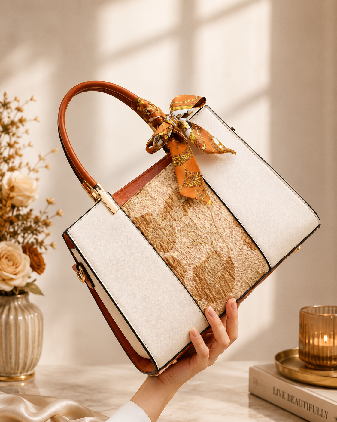 Top Handle Handbag with Scarf Accent