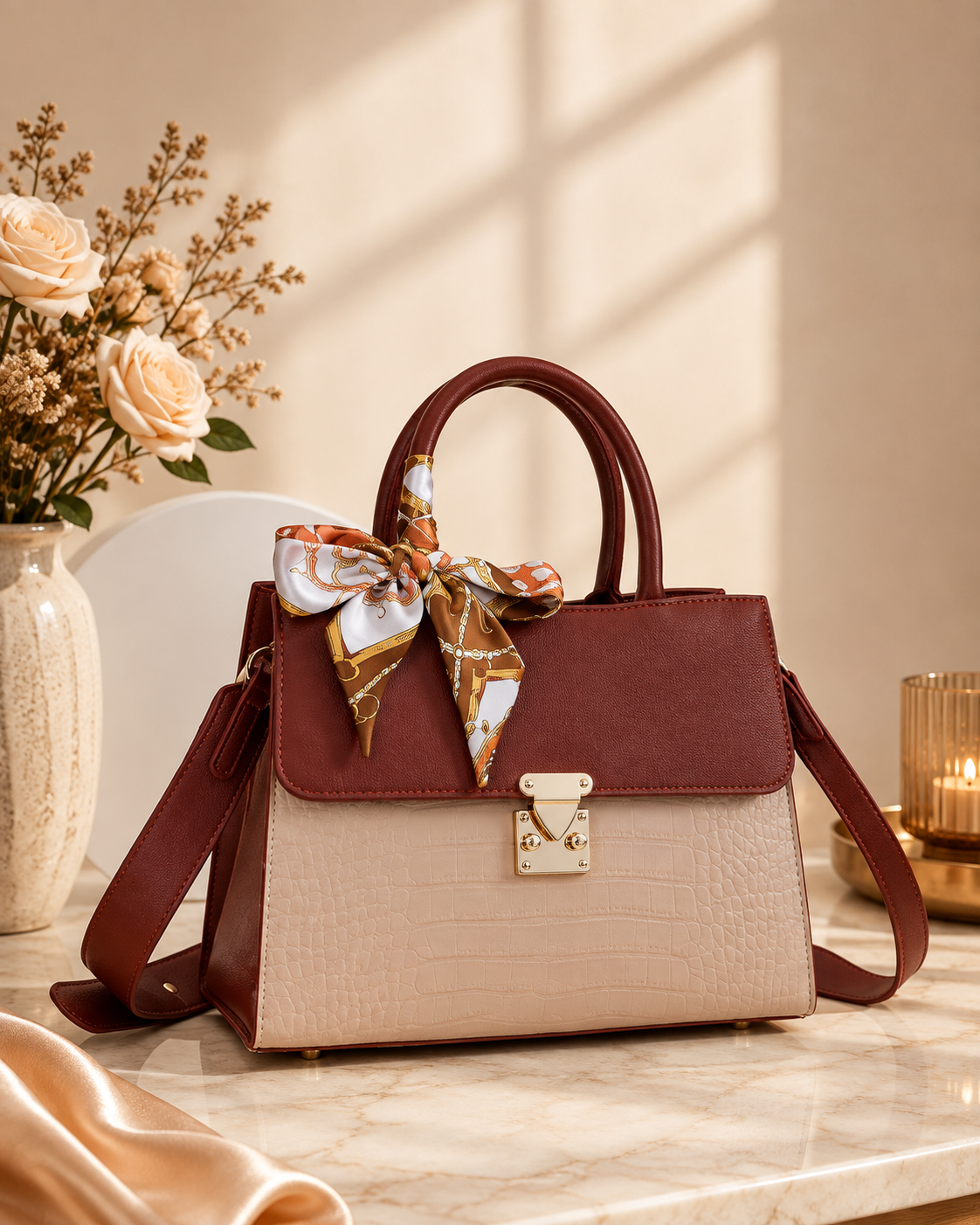 Crocodile Embossed Top Handle Handbag