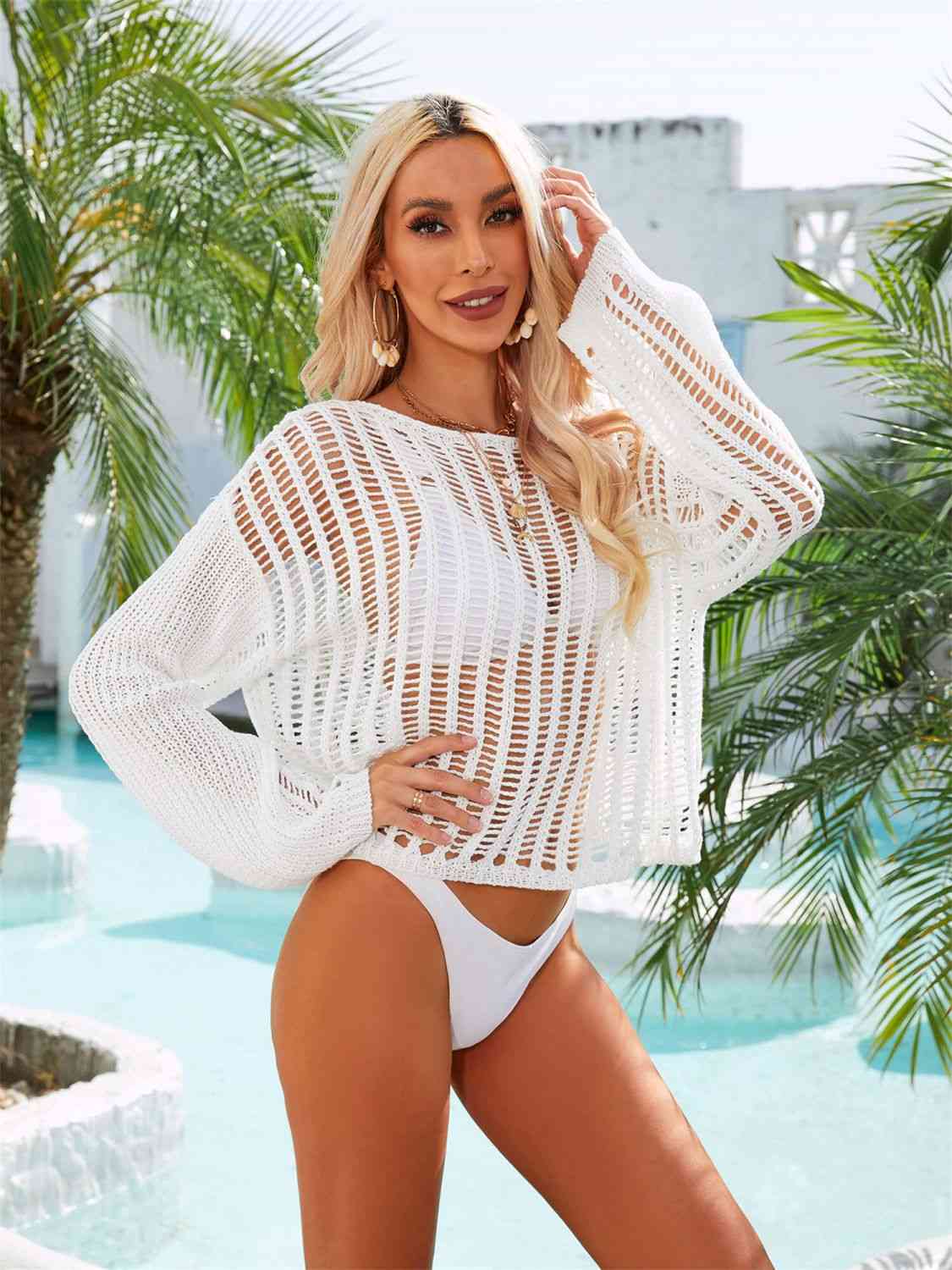Long Sleeve Round Neck Openwork Cover-Up for Effortless Style