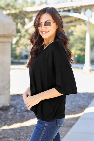 Casual Vibrant Pink Round Neck Drop Shoulder T-Shirt