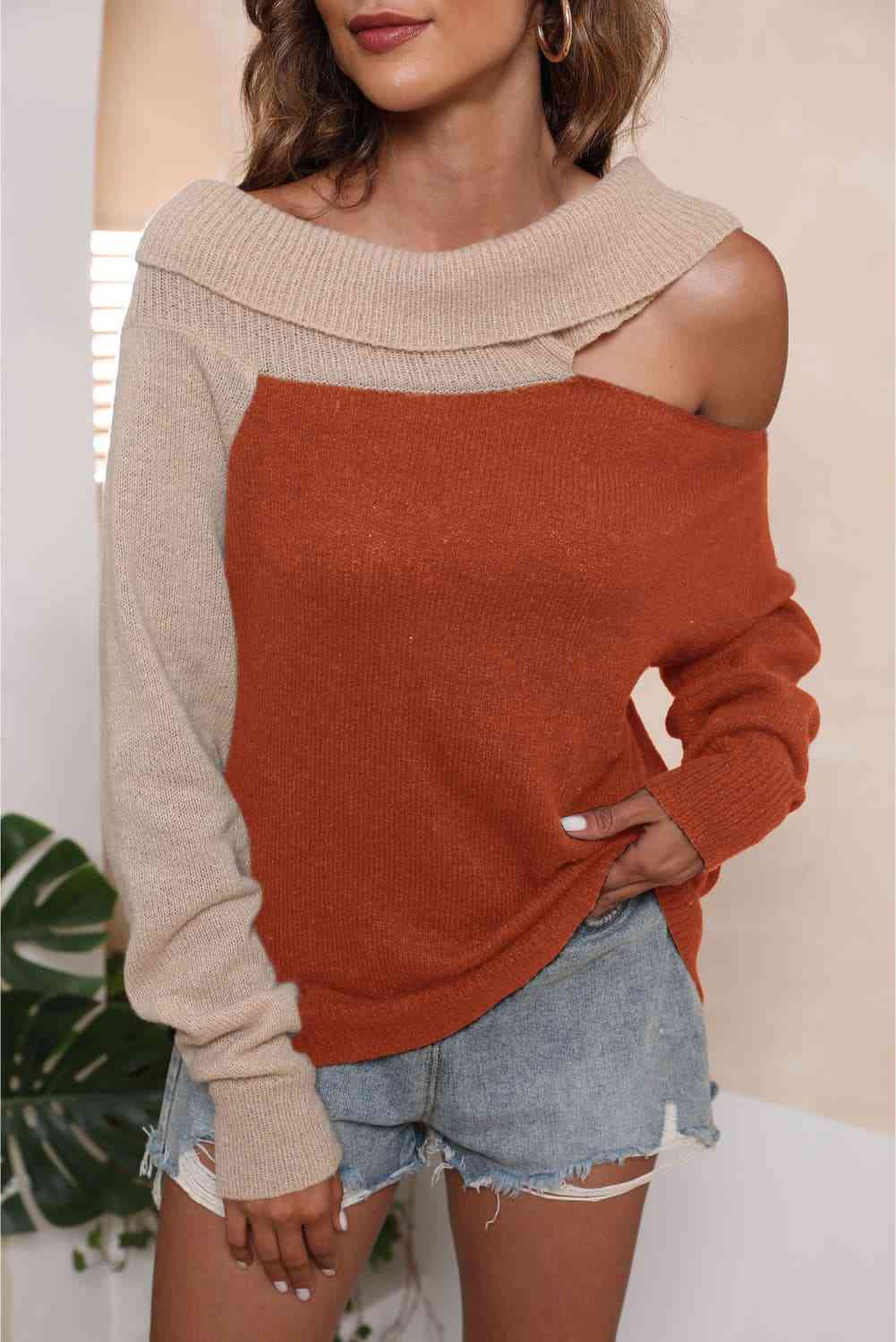 Trendy Asymmetrical Two-Tone Cutout Sweater for Casual Style