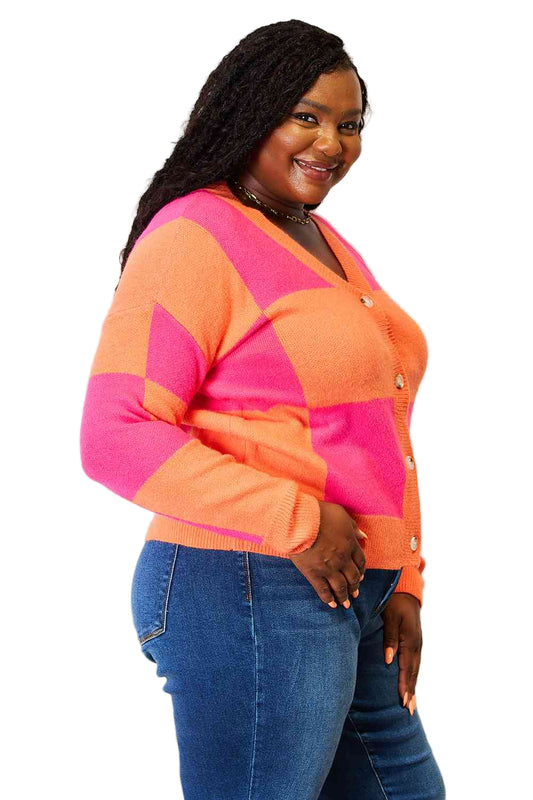 Woven Right Checkered V-Neck Dropped Shoulder Cardigan
