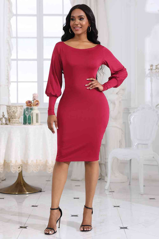 Elegant Boat Neck Dress with Lantern Sleeves