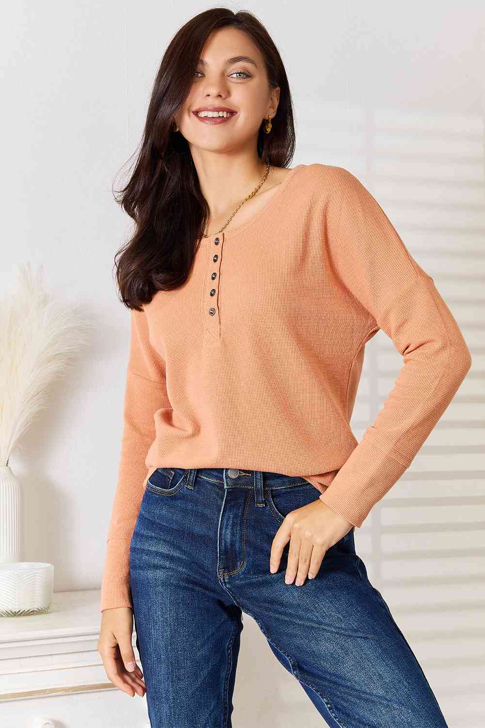 Casual & Chic Half Button Long Sleeve Top in Peach