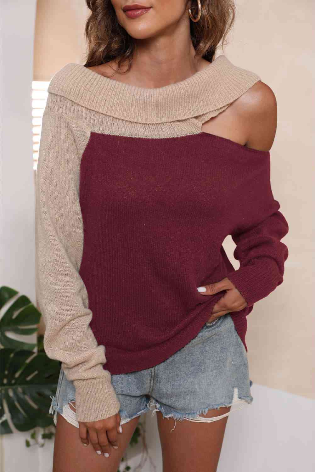 Trendy Asymmetrical Two-Tone Cutout Sweater for Casual Style