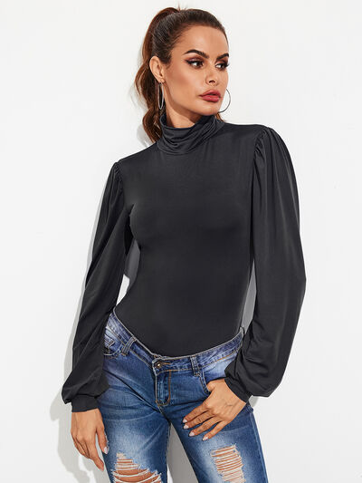 Chic Backless Tie-Waist Turtleneck Bodysuit with Lantern Sleeves
