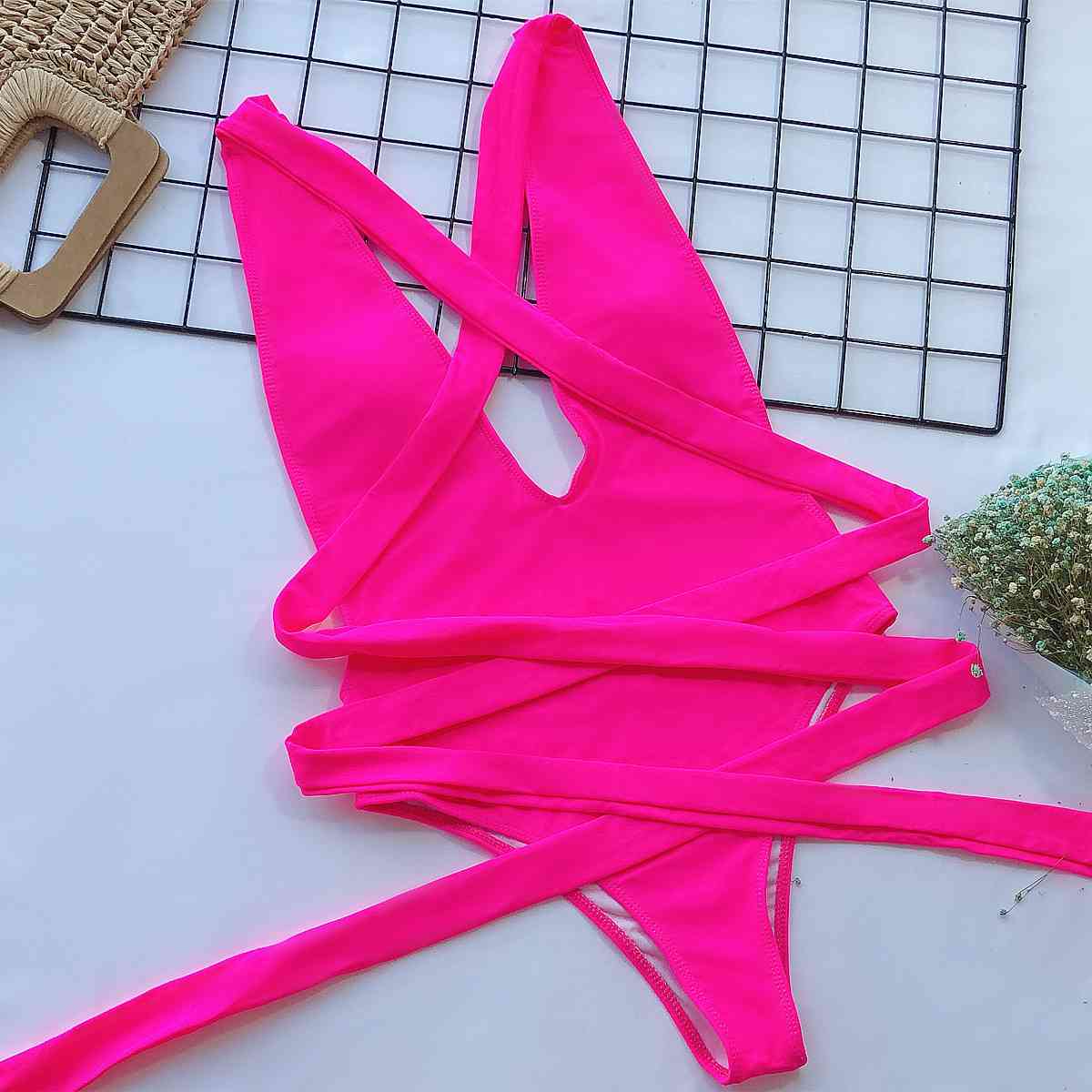 Stylish Halter Neck Deep V Tied One-Piece Swimsuit