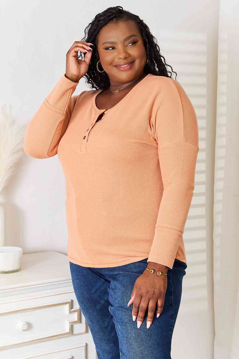 Casual & Chic Half Button Long Sleeve Top in Peach