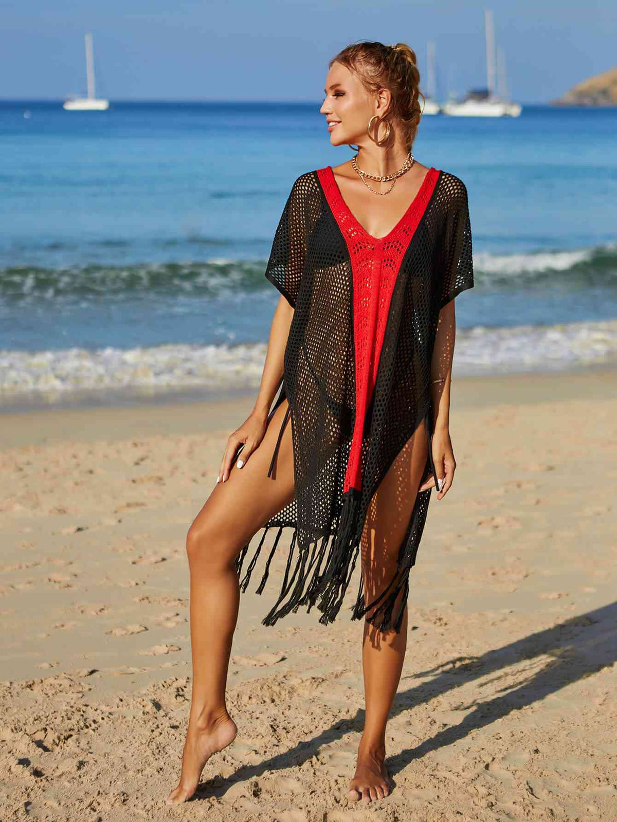 Contrast Fringe Trim Openwork Cover-Up Dress for Summer Fun