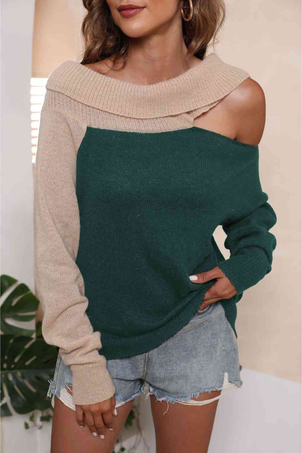 Trendy Asymmetrical Two-Tone Cutout Sweater for Casual Style