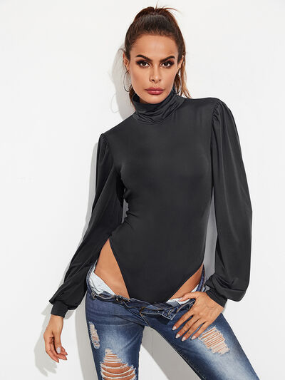 Chic Backless Tie-Waist Turtleneck Bodysuit with Lantern Sleeves