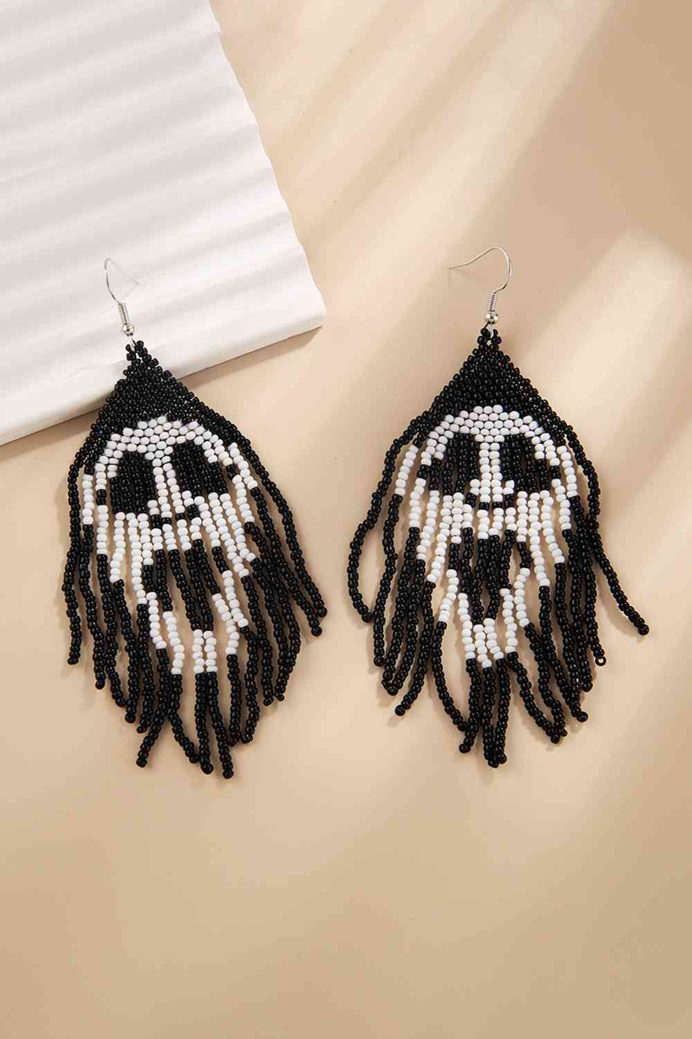 Intricate Black & White Beaded Dangle Earrings for Statement Style
