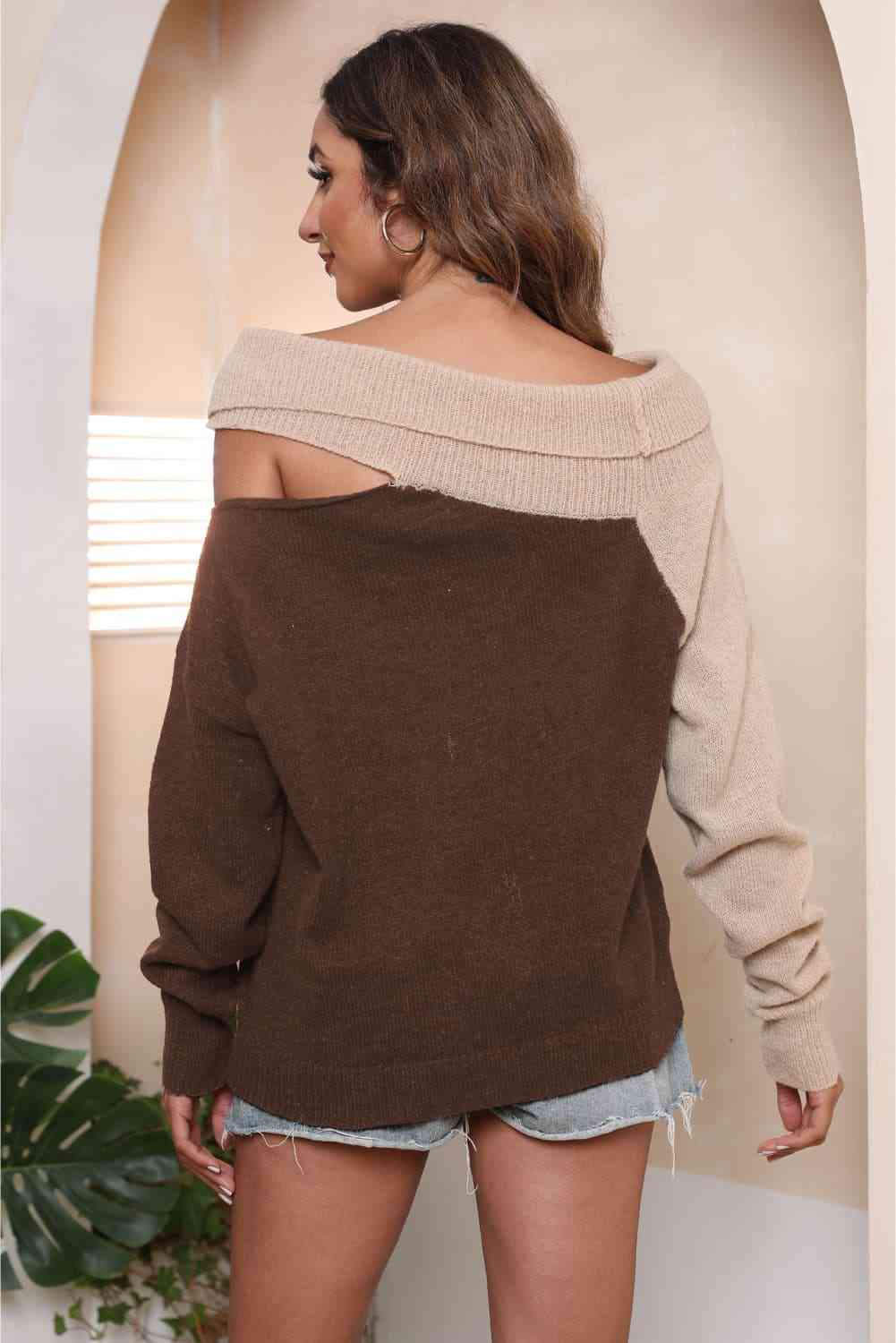 Trendy Asymmetrical Two-Tone Cutout Sweater for Casual Style