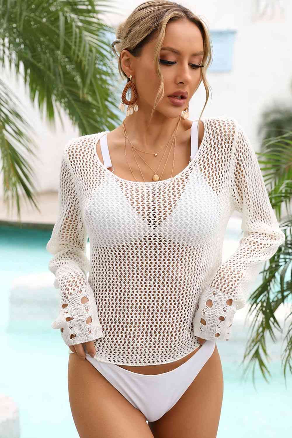 Stylish Openwork Scoop Neck Long Sleeve Cover-Up