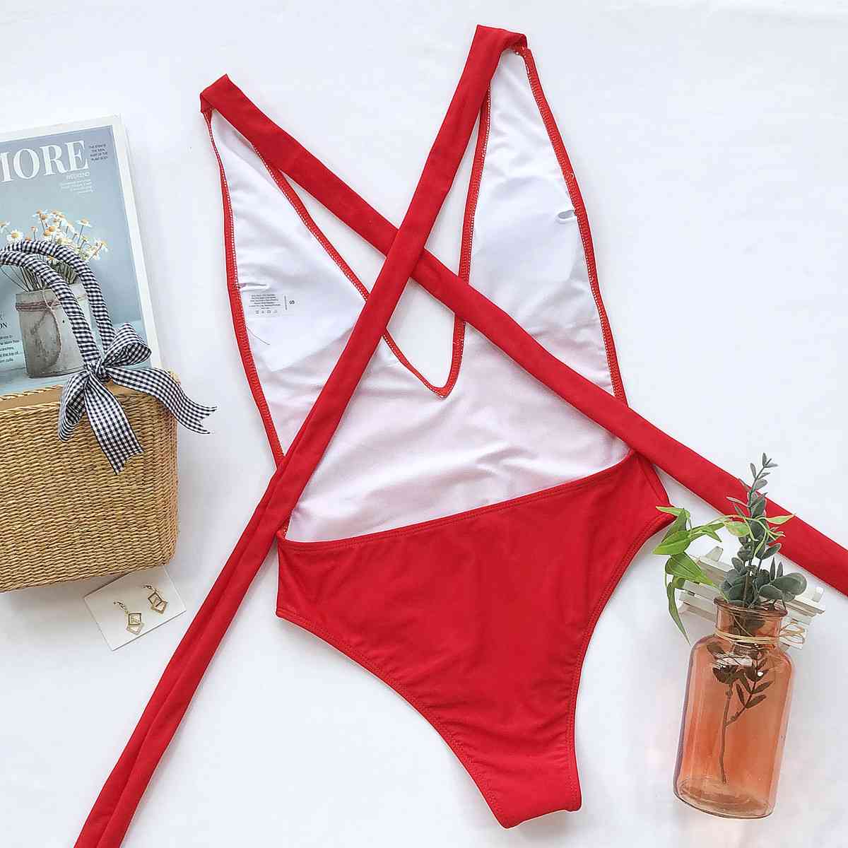 Stylish Halter Neck Deep V Tied One-Piece Swimsuit