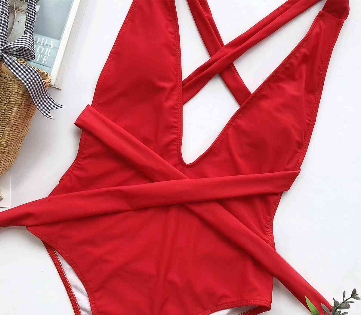 Stylish Halter Neck Deep V Tied One-Piece Swimsuit