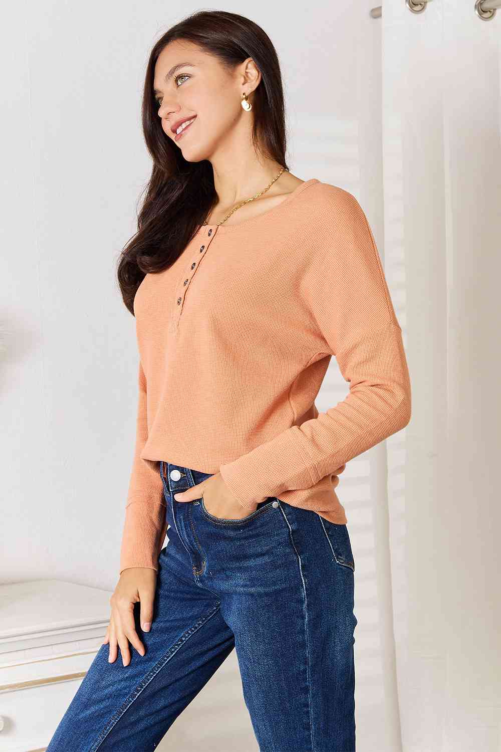 Casual & Chic Half Button Long Sleeve Top in Peach