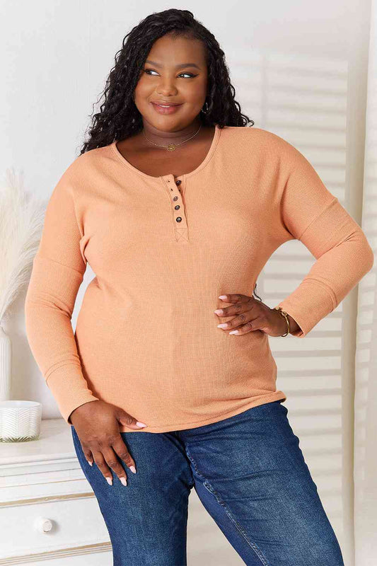 Casual & Chic Half Button Long Sleeve Top in Peach