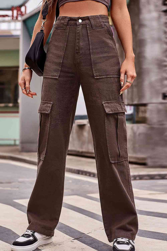 Trendy Buttoned High Waist Loose Fit Jeans with Pockets