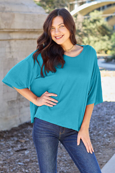 Casual Vibrant Pink Round Neck Drop Shoulder T-Shirt